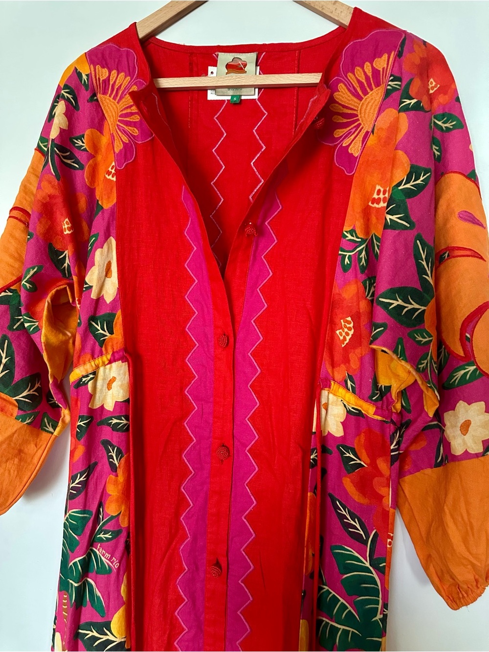 Farm Rio Red Tropical Floral Button Front Midi Dress Size S - Picture 2 of 4